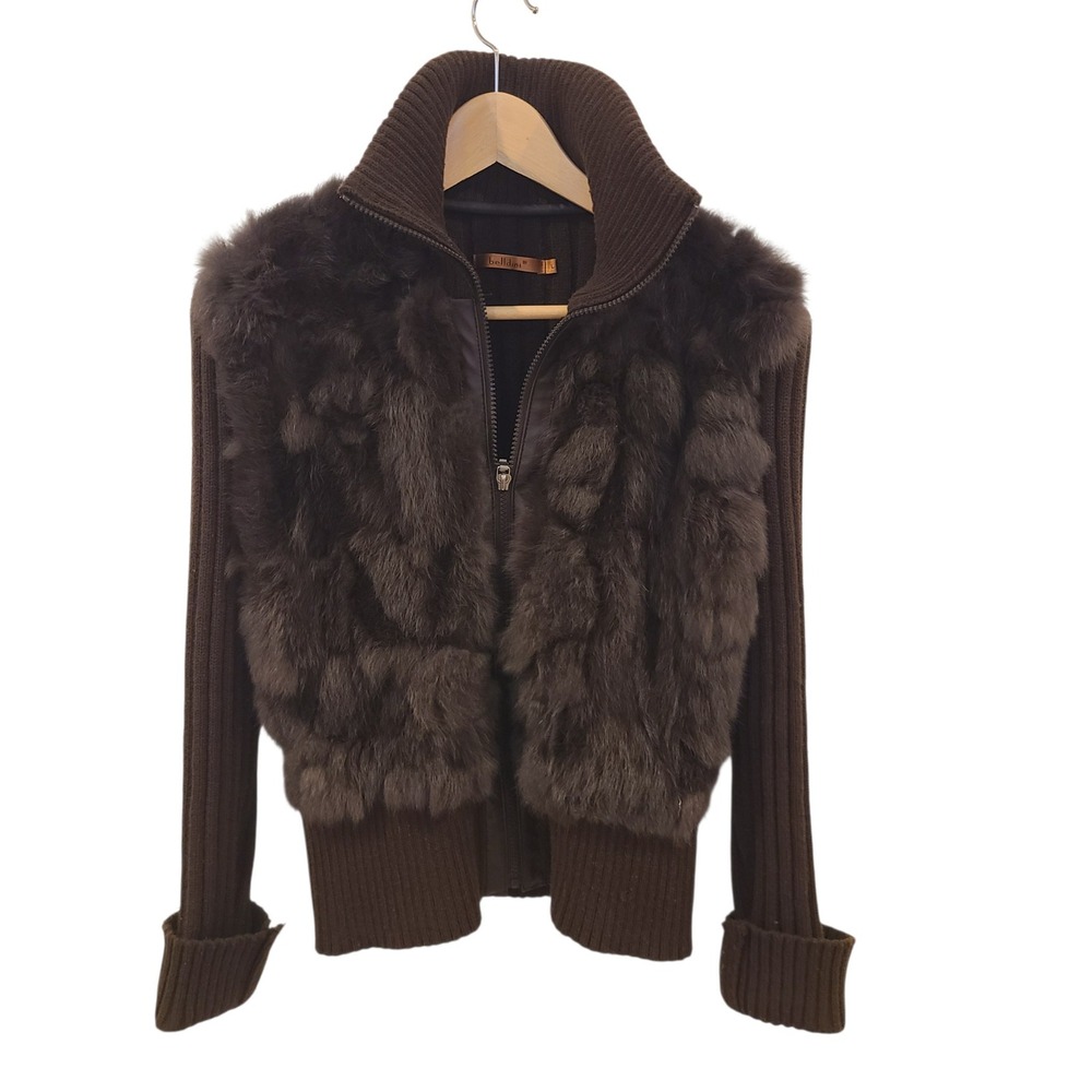 Belldini Vintage Brown 90s y2k Fur Front Ribbed Knit Full Zip Cardigan Sweater L